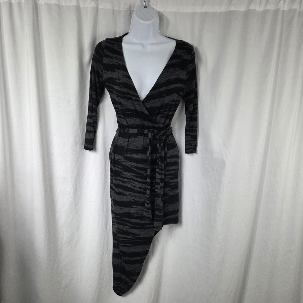 A+ Ellen Dress Womens Small Black Animal Print Wrap 3/4 Sleeve Asymmetrical Hem